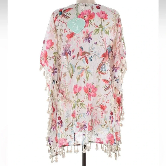 Z & L Beach Tropical Floral Bird Tassel Fringe Kimono Swim Cover Up Size M L NWT - Picture 2 of 9